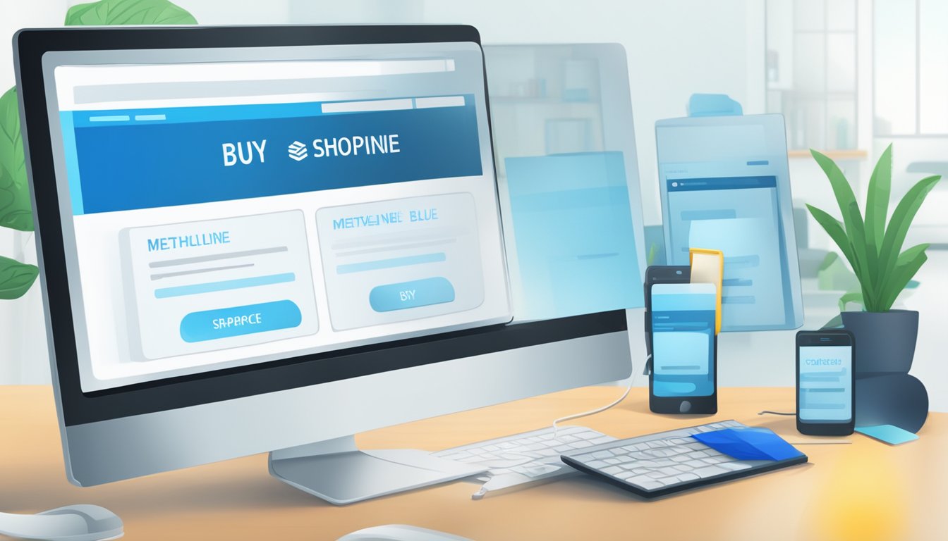 A computer screen displaying an online shopping website with the search bar filled in with "methylene blue buy online" and a "purchase" button highlighted
