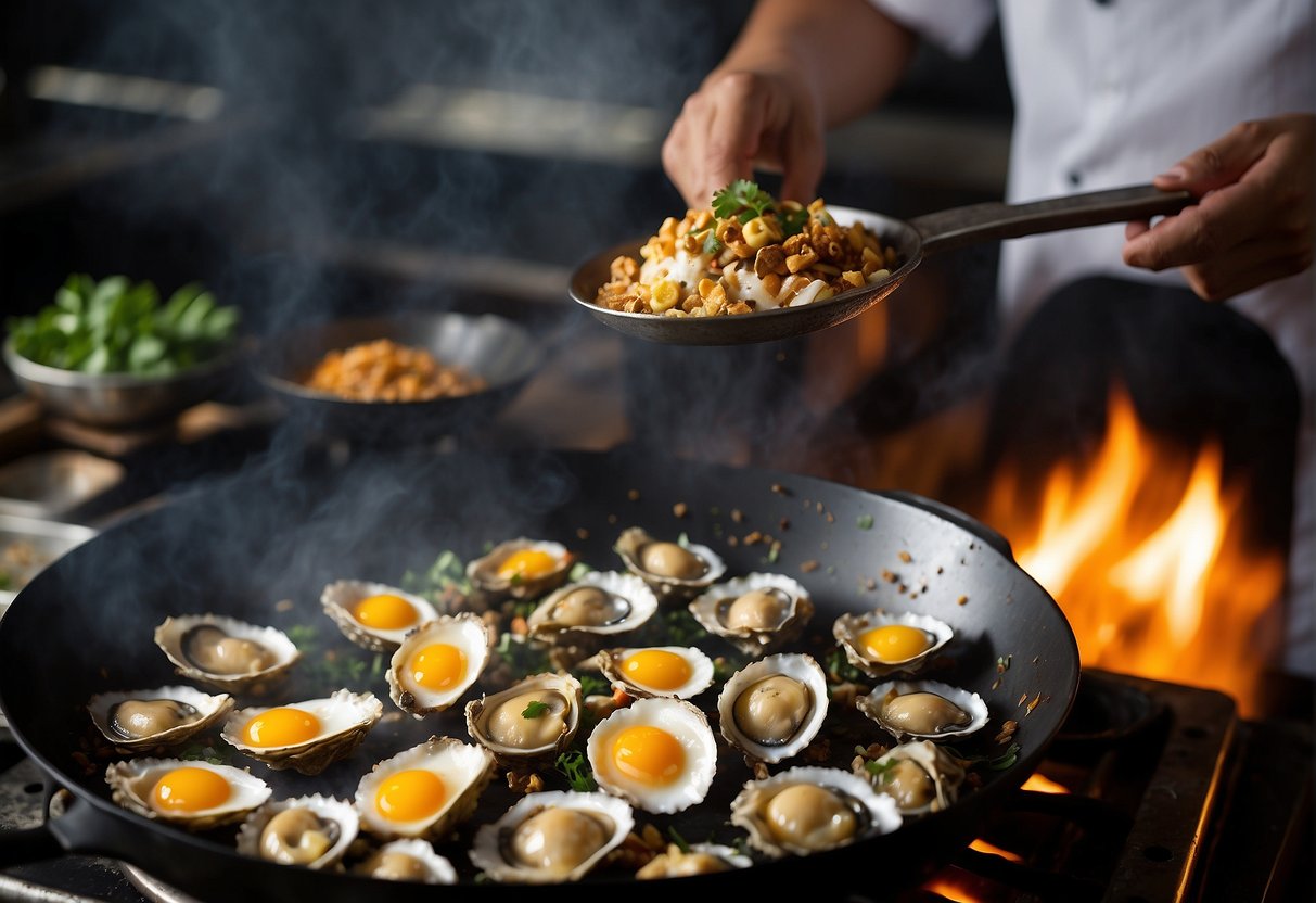 A sizzling hot wok filled with plump oysters, beaten eggs, and fragrant Chinese spices, as a skilled chef expertly flips the omelette with a metal spatula