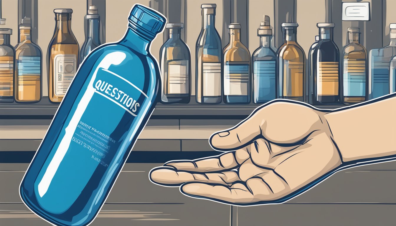 A hand reaching for a bottle of methylene blue with a "Frequently Asked Questions" sign in the background
