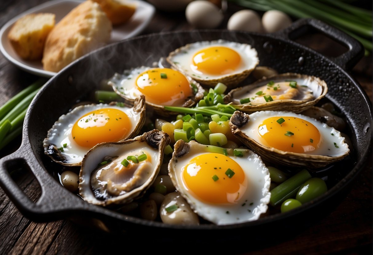 A sizzling pan with eggs, oysters, and green onions. A splash of savory sauce adds depth to the aroma