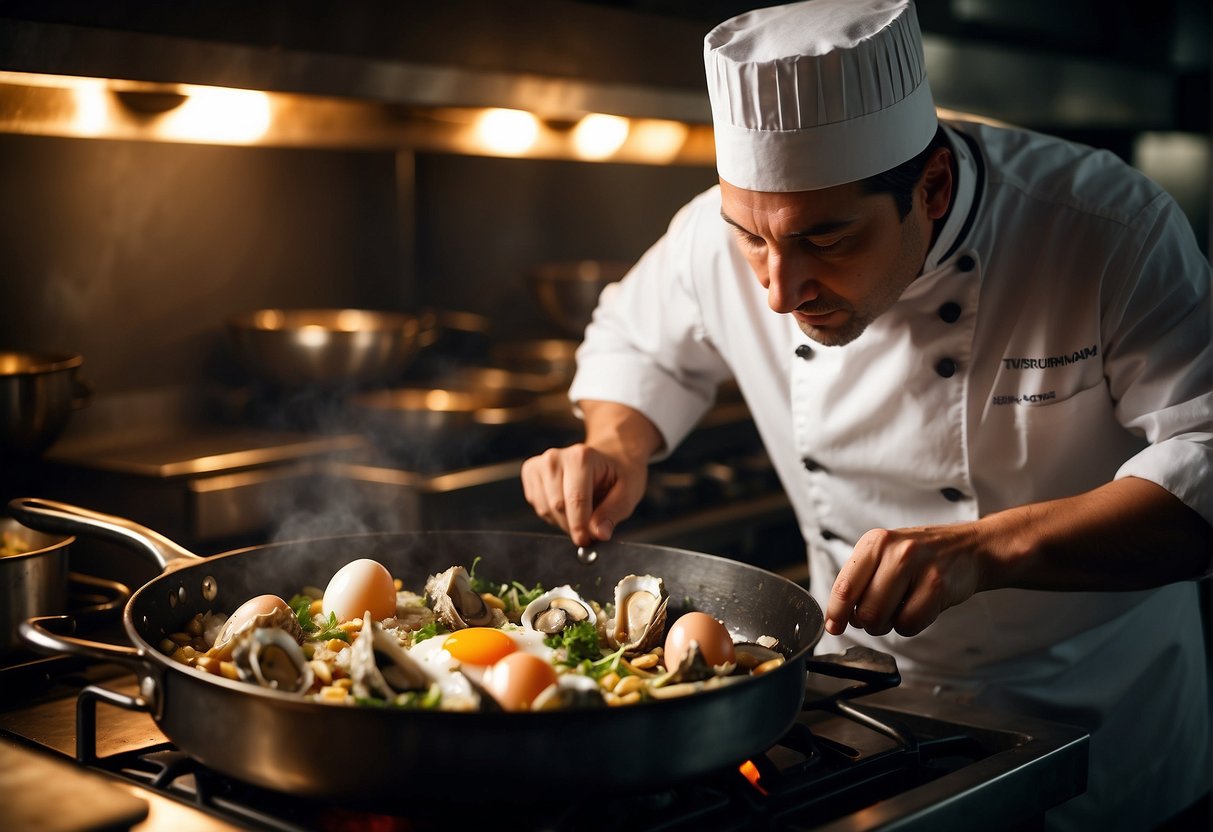 A chef cracks eggs into a sizzling pan with oysters and vegetables, stirring and flipping until golden brown