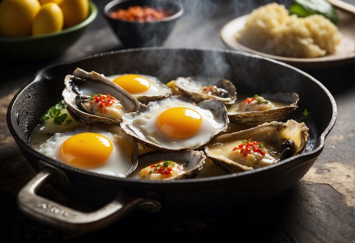 A sizzling hot pan with eggs, oysters, and a medley of Chinese seasonings and condiments being mixed together to create a flavorful oyster omelette