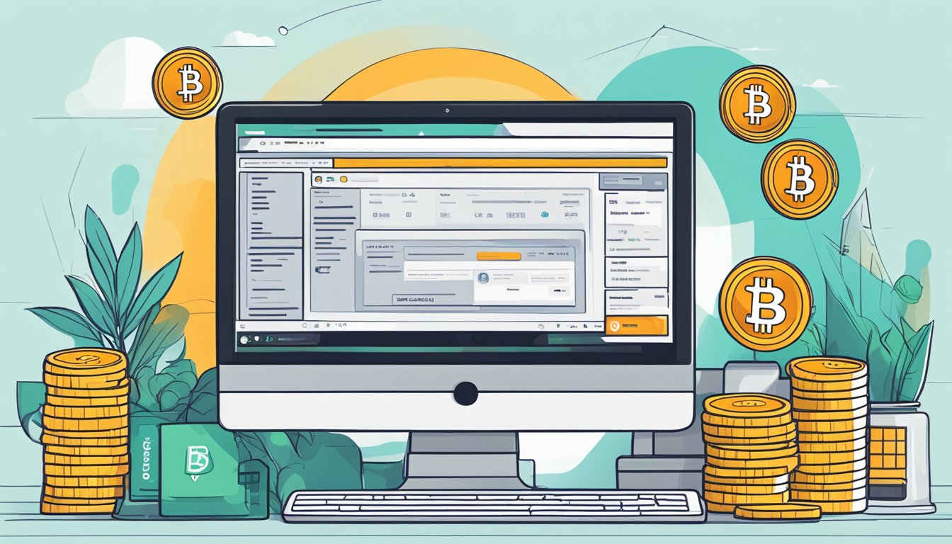 A computer screen with a browser open to a cryptocurrency exchange website, displaying the option to buy bitcoin online