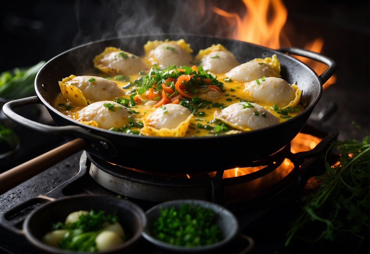 A sizzling omelette frying in a wok, with plump oysters and vibrant green scallions mixed in. A drizzle of savory sauce adds the finishing touch