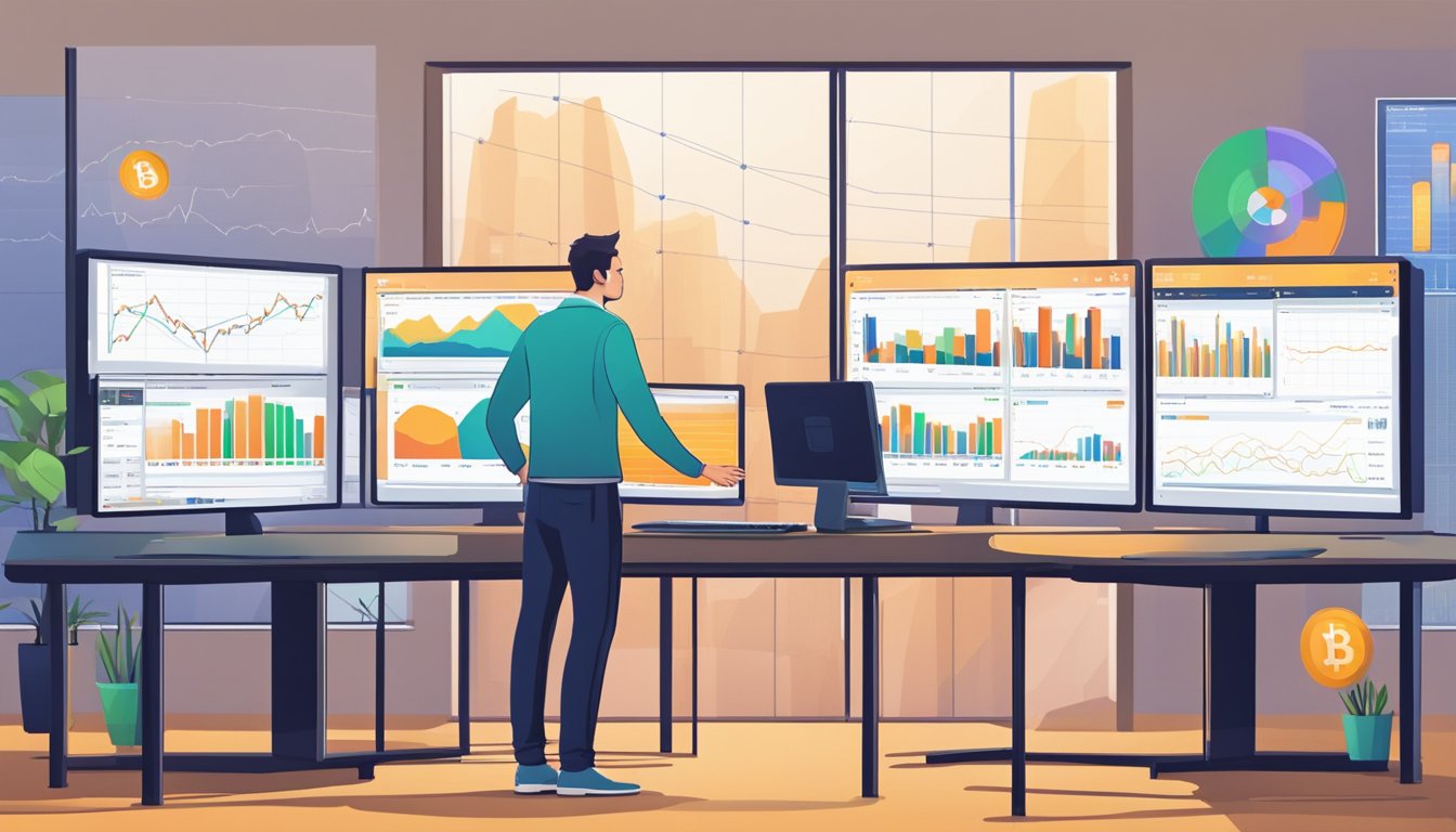 A person stands in front of a computer, comparing different bitcoin exchange websites. Graphs and charts are displayed on the screen, showing price fluctuations