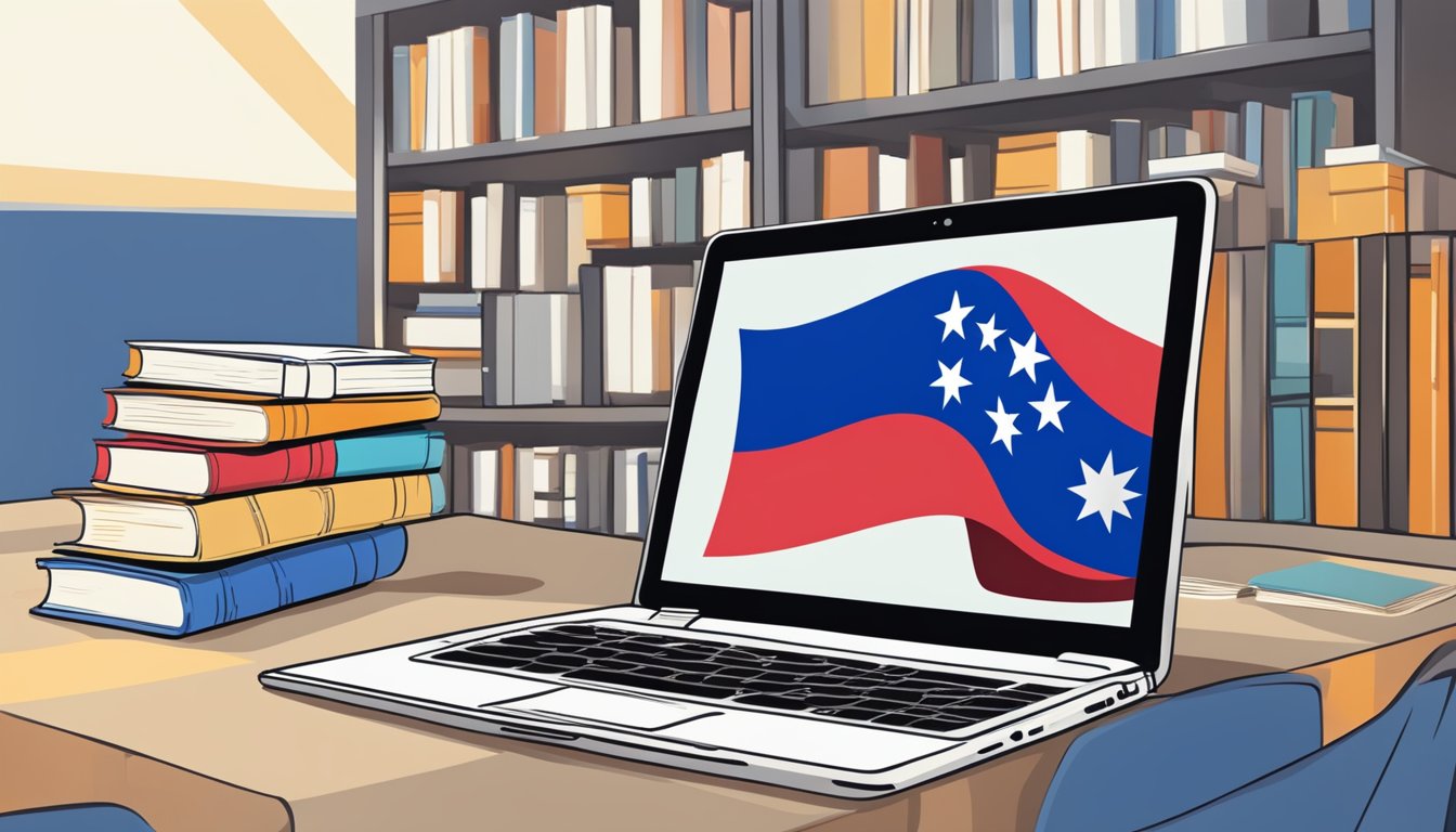 A laptop open to a book-selling website, with a stack of books and a Philippine flag in the background