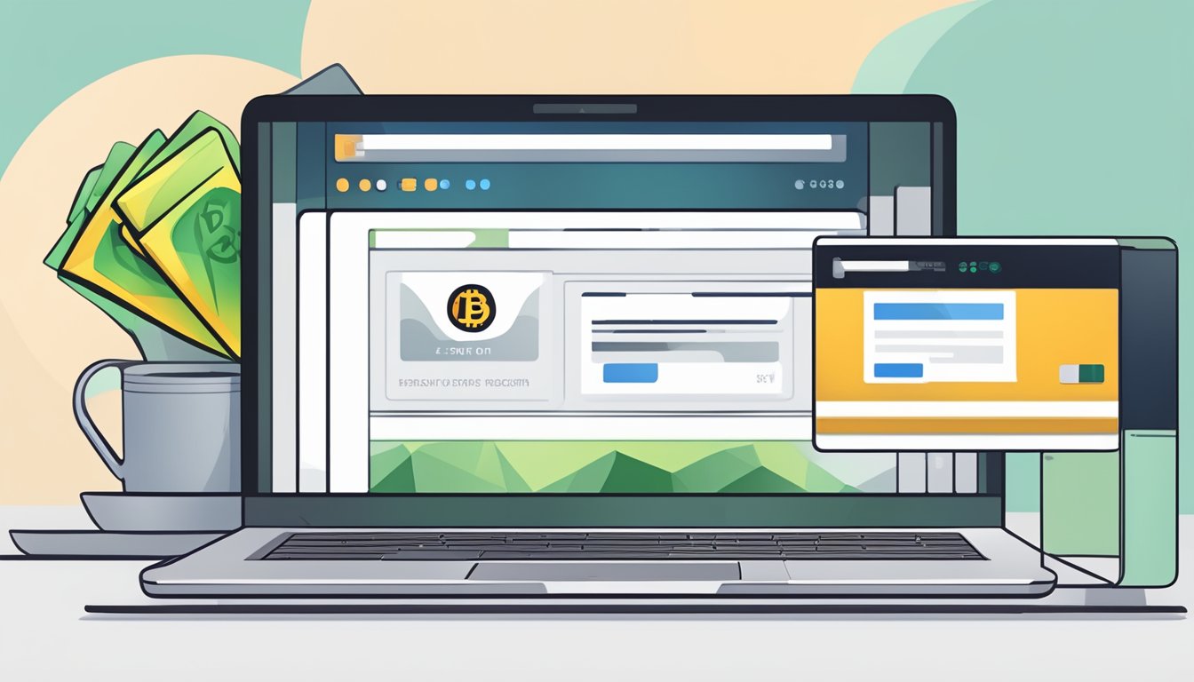A laptop screen displays a secure website with a "Buy Bitcoin" button. A credit card sits next to the laptop, ready for input