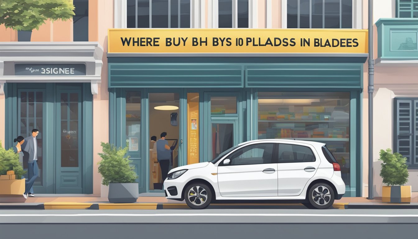 A car parked in a crowded urban setting, with a prominent sign reading "Where to Buy Wiper Blades in Singapore" above a storefront