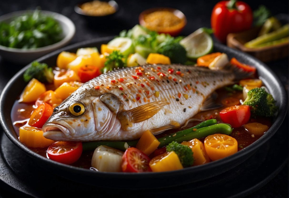 A whole fish is surrounded by colorful vegetables and bathed in a glossy sweet and sour sauce, steaming on a sizzling hot plate