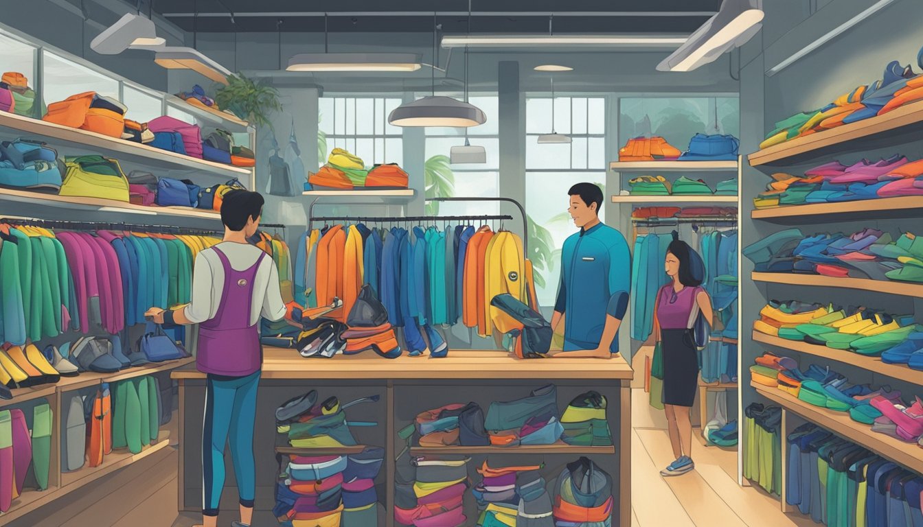 A bustling shop in Singapore displays colorful wetsuits, surrounded by shelves of snorkels and diving gear. Customers browse the selection, while a helpful staff member assists a customer with a fitting