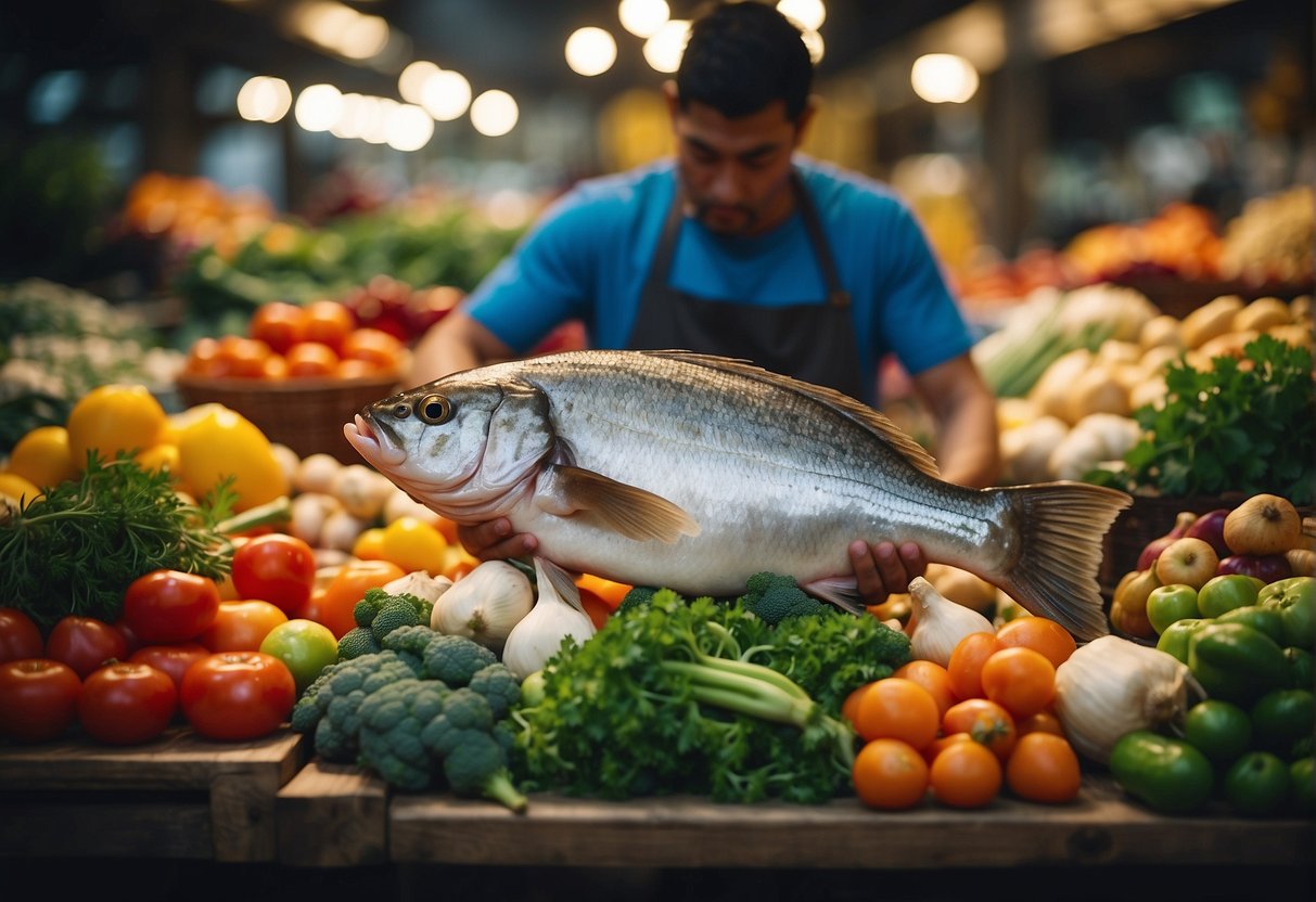 A whole fish being carefully selected from a market stall, surrounded by vibrant, fresh ingredients like ginger, garlic, and colorful vegetables