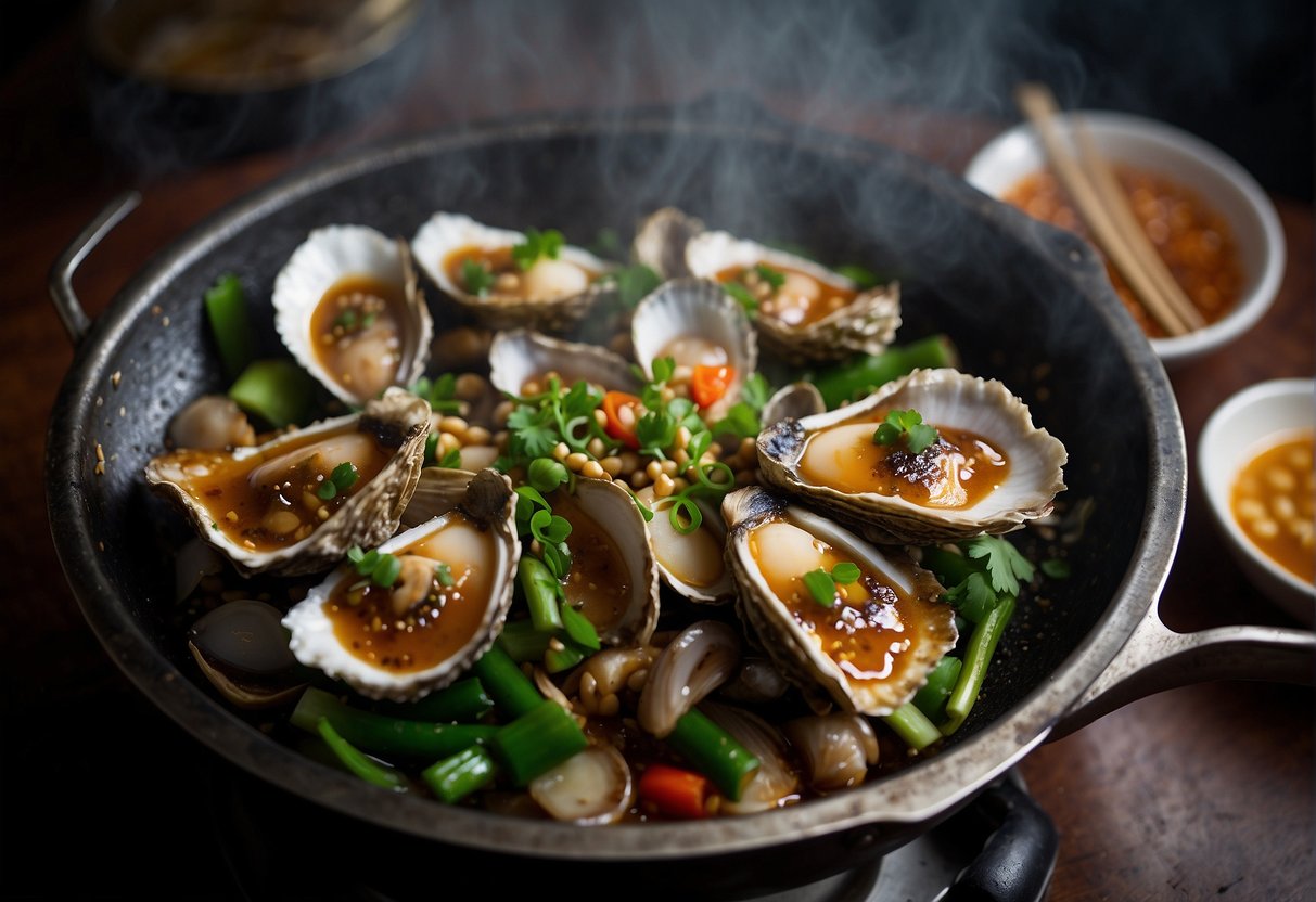 A wok sizzles with garlic and ginger. Oysters are added, followed by soy sauce and green onions. Smoke rises as the ingredients are tossed together