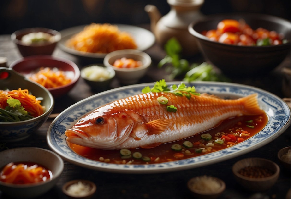 A whole fish being cleaned and marinated in a sweet and sour sauce, surrounded by traditional Chinese cooking ingredients and utensils