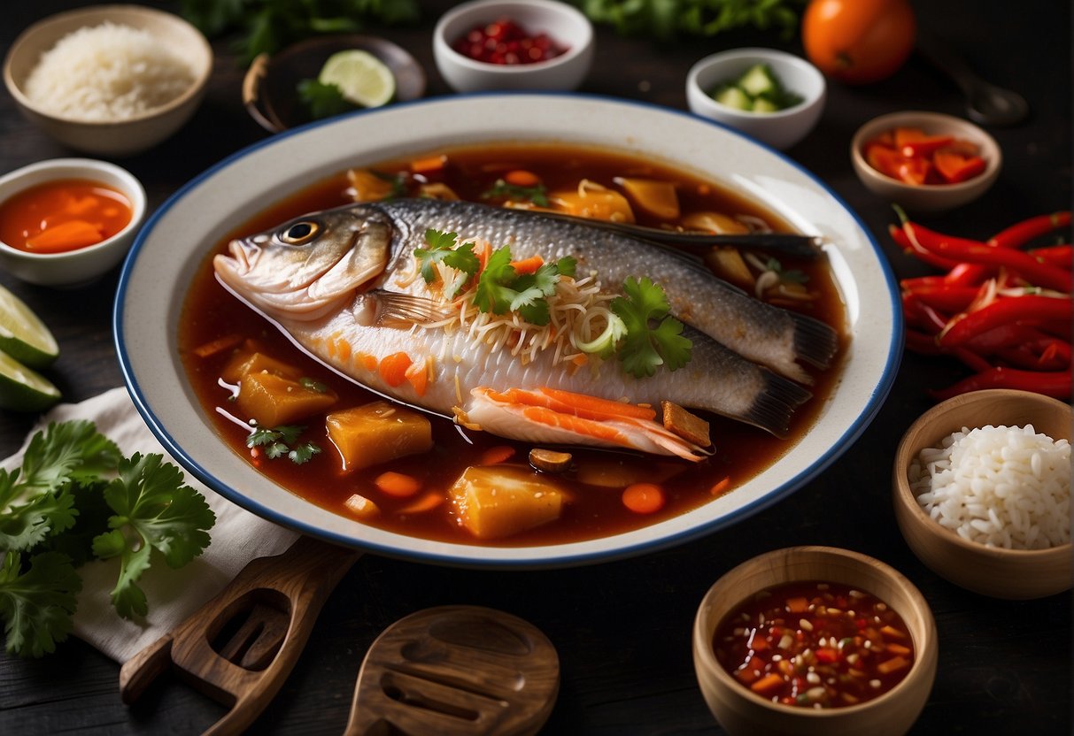 A whole fish being marinated in a sweet and sour sauce, surrounded by traditional Chinese cooking ingredients and utensils