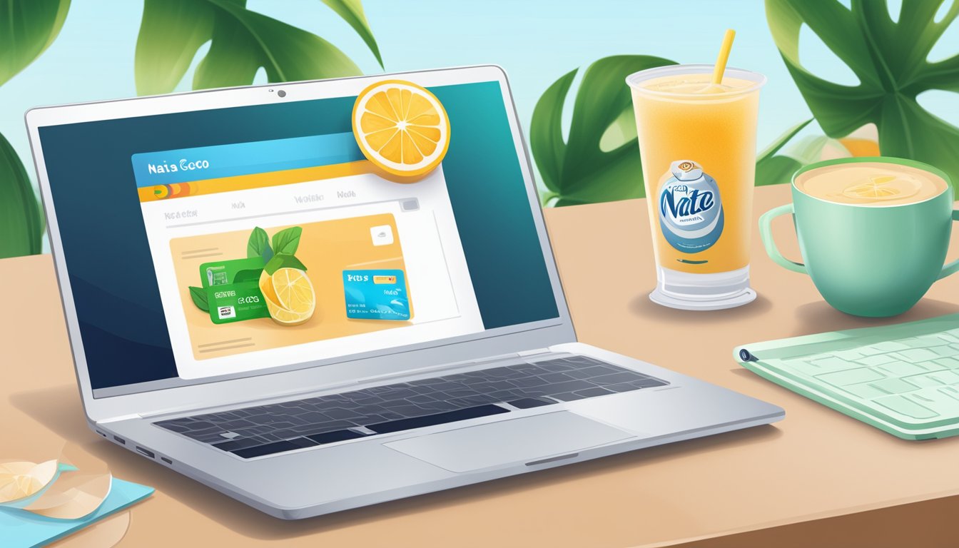 A laptop with an open web browser displaying a website selling nata de coco. A credit card and a cup of nata de coco beside it