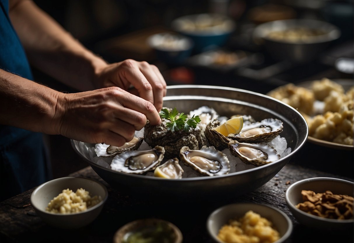 Hands shucking oysters, mixing with Chinese ingredients