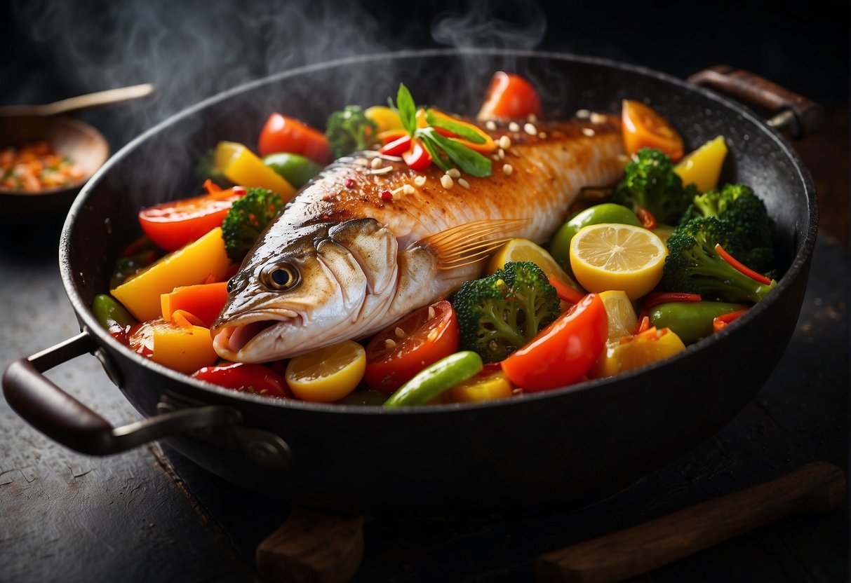 A whole fish sizzling in a wok with a glaze of sweet and sour sauce, surrounded by colorful vegetables and aromatic spices