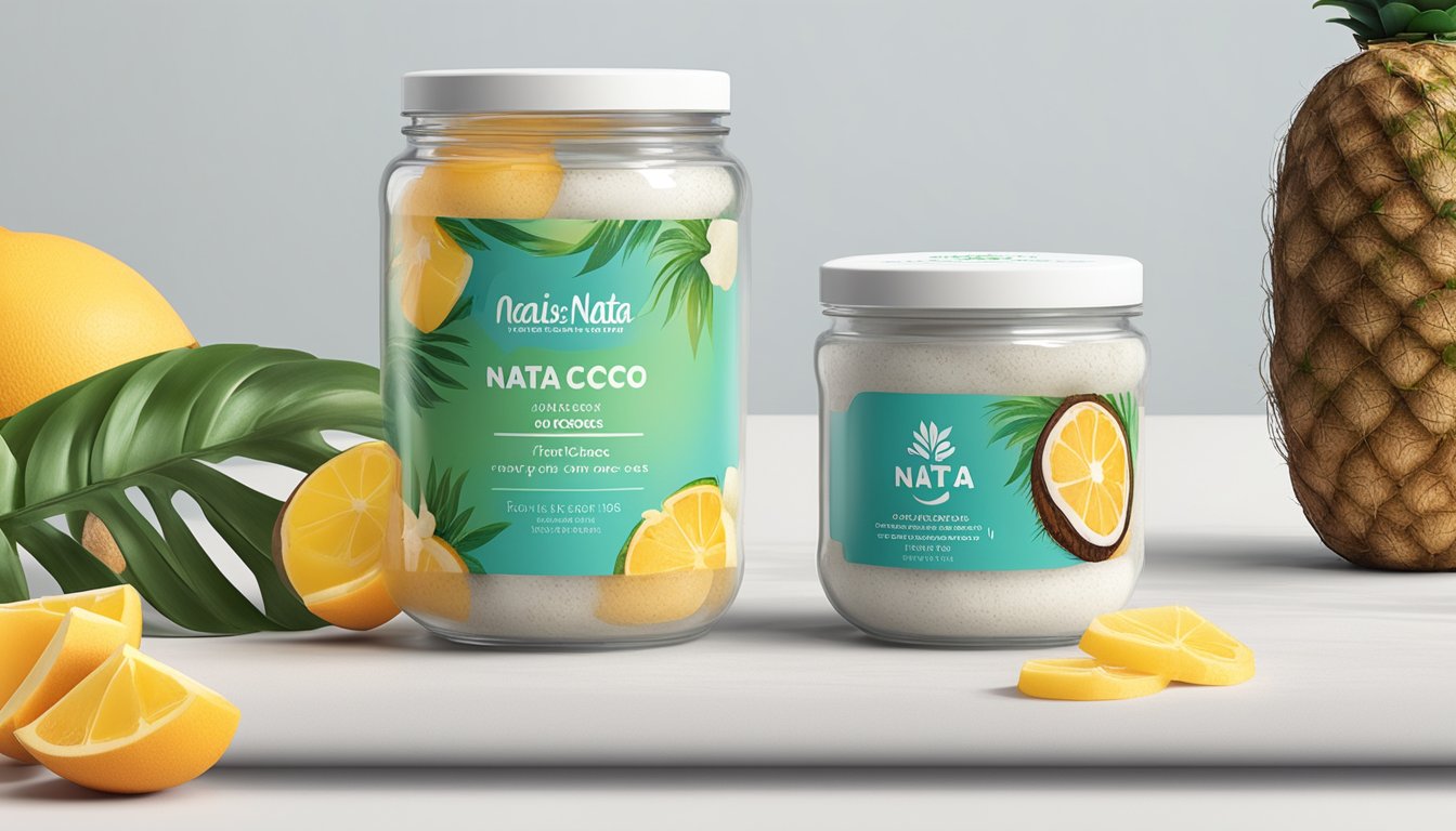 A glass jar of nata de coco sits on a white countertop, surrounded by tropical fruits and a coconut shell. The label reads "Why Choose Nata De Coco?" with an online purchase option