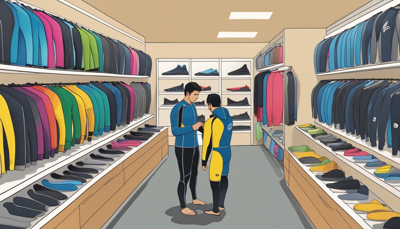 A customer browses through a selection of wetsuits, examining the different styles and materials available at a water sports store in Singapore