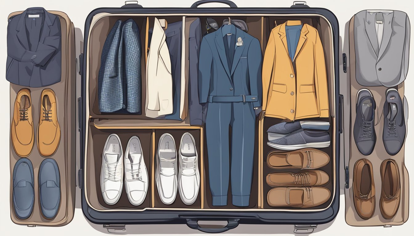 A suitcase with 5 tops, 4 bottoms, 3 shoes, 2 accessories, and 1 outerwear, neatly organized for efficient outfit combinations