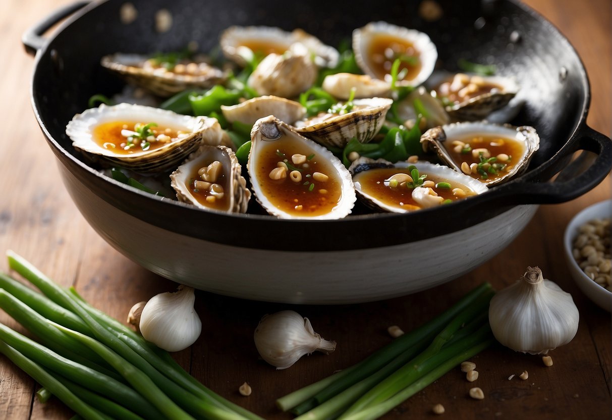 A wok sizzling with garlic, ginger, and green onions. A splash of soy sauce and oyster sauce added to plump, juicy oysters