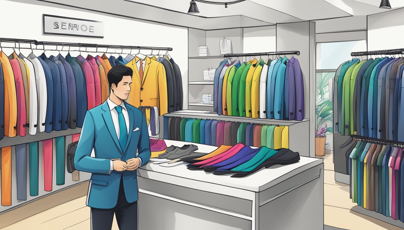 A shop in Singapore selling wetsuits, with racks of colorful suits displayed, and a salesperson assisting a customer