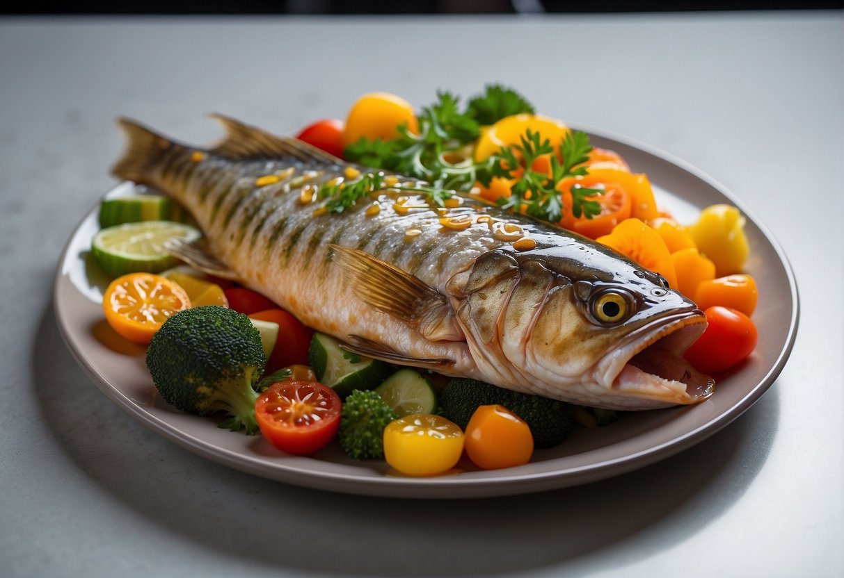 A platter with a whole fish, garnished with colorful vegetables and drizzled with sweet and sour sauce, ready for presentation