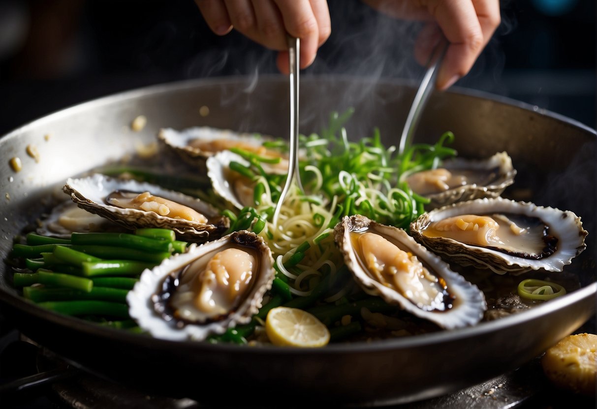 An oyster being stir-fried in a wok with garlic, ginger, and green onions, while being drizzled with a savory sauce