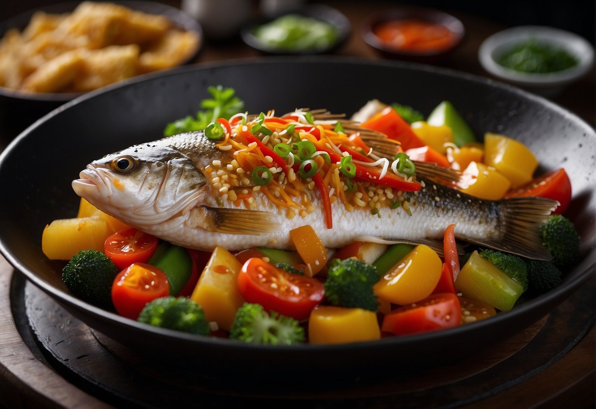 A whole fish, garnished with colorful vegetables and drizzled with a sweet and sour sauce, sizzling in a traditional Chinese wok