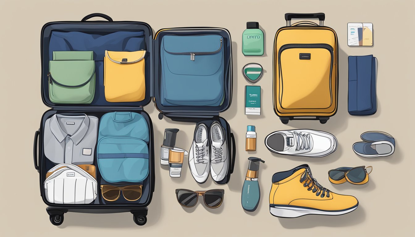 Items neatly arranged in a carry-on: 5 clothing items, 4 pairs of shoes, 3 accessories, 2 bags, and 1 toiletry kit