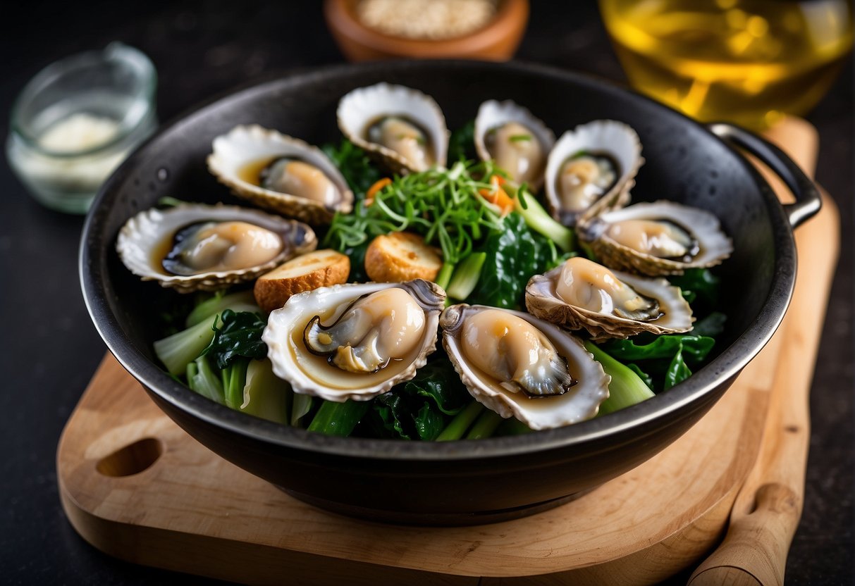 A sizzling hot wok filled with plump oysters, surrounded by vibrant green bok choy and aromatic ginger and garlic, creating a mouthwatering Chinese oyster dish