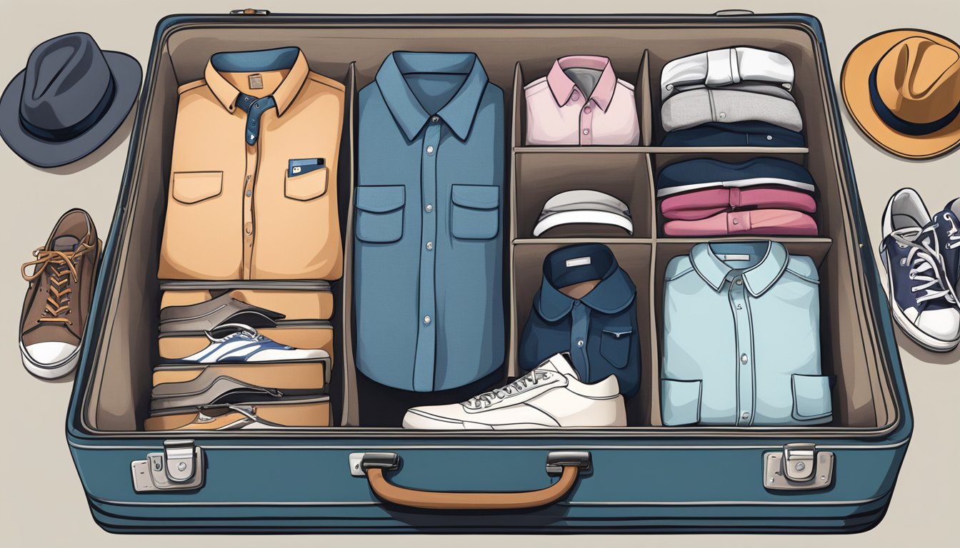 A suitcase with 5 shirts, 4 pants, 3 pairs of shoes, 2 accessories, and 1 hat neatly arranged inside
