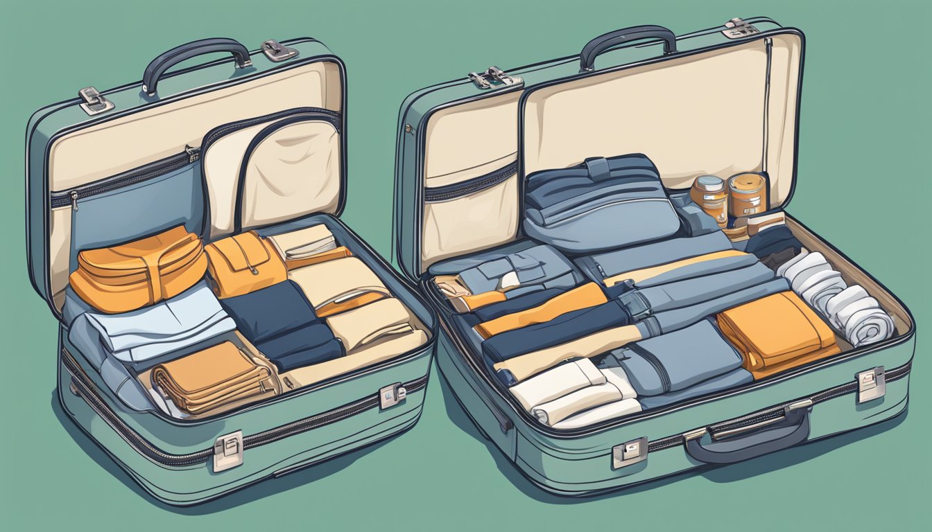 A suitcase with neatly folded clothes, toiletries, and accessories arranged in descending order from largest to smallest