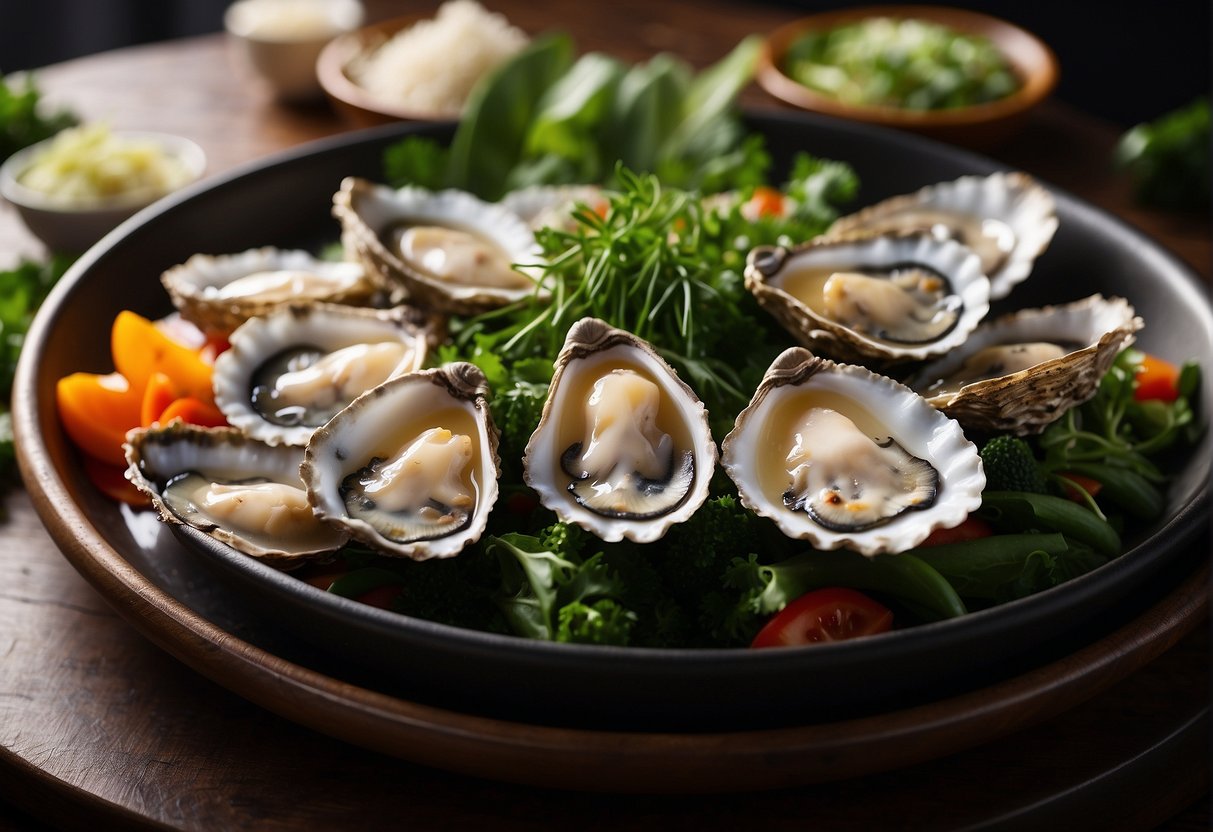 A steaming plate of Chinese oyster recipe, surrounded by vibrant vegetables and garnished with fresh herbs