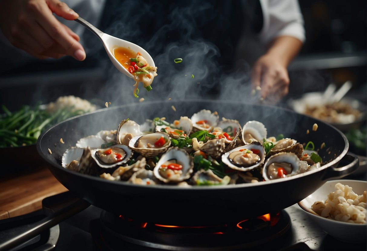 A wok sizzles with oysters, garlic, and ginger in a fragrant sauce. A chef's hand tosses in scallions and chili, creating a mouthwatering Chinese oyster dish