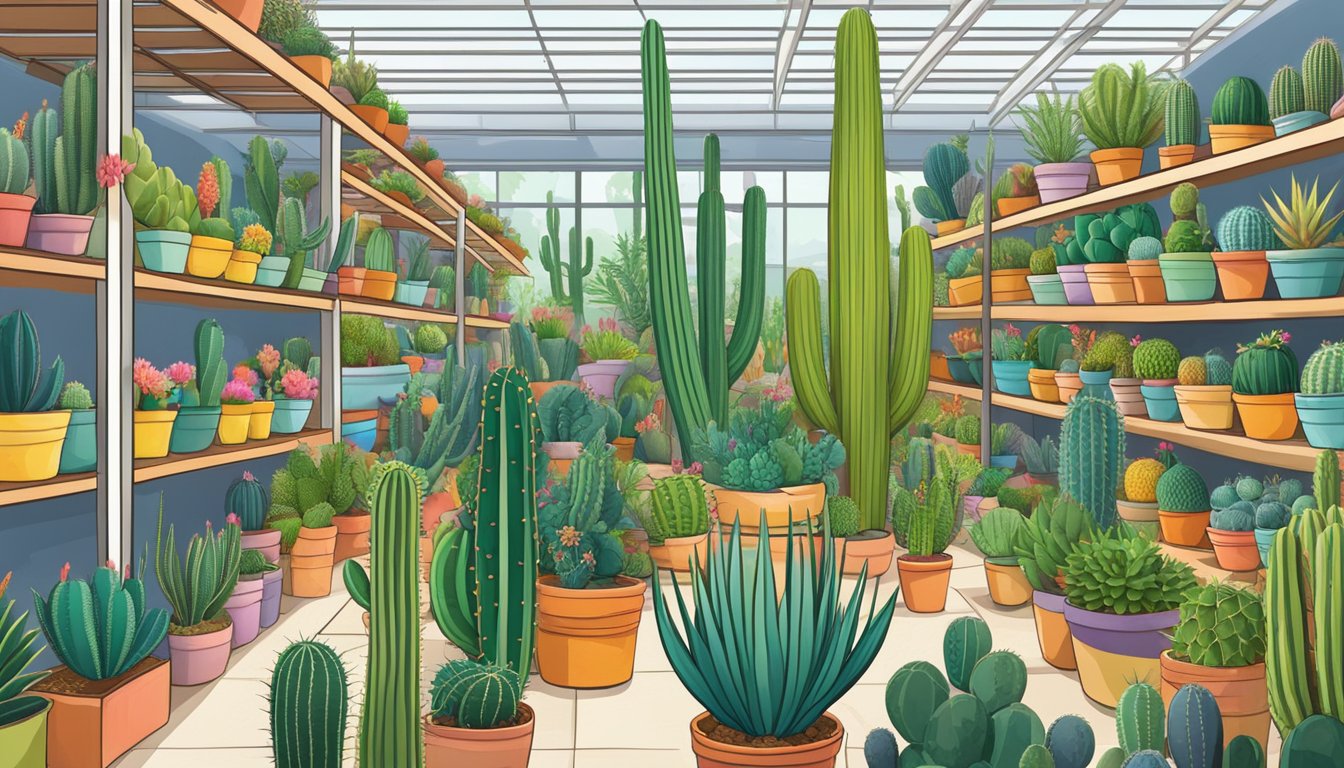 A colorful array of cacti displayed in a vibrant garden center, with rows of potted plants and shelves filled with various species, all surrounded by lush greenery