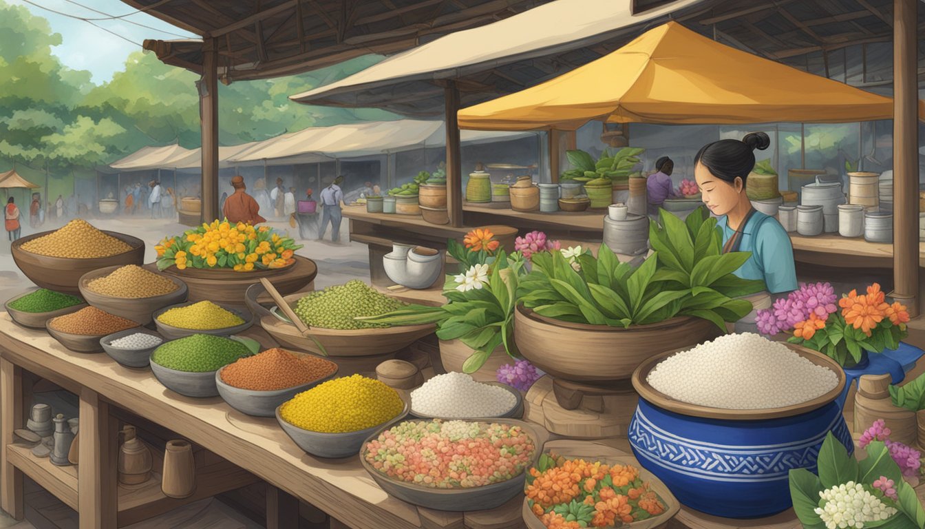 A table with bunga telang flowers, mortar and pestle, and various culinary and medicinal tools. A sign reads "Bunga Telang for Sale" in a market in Singapore
