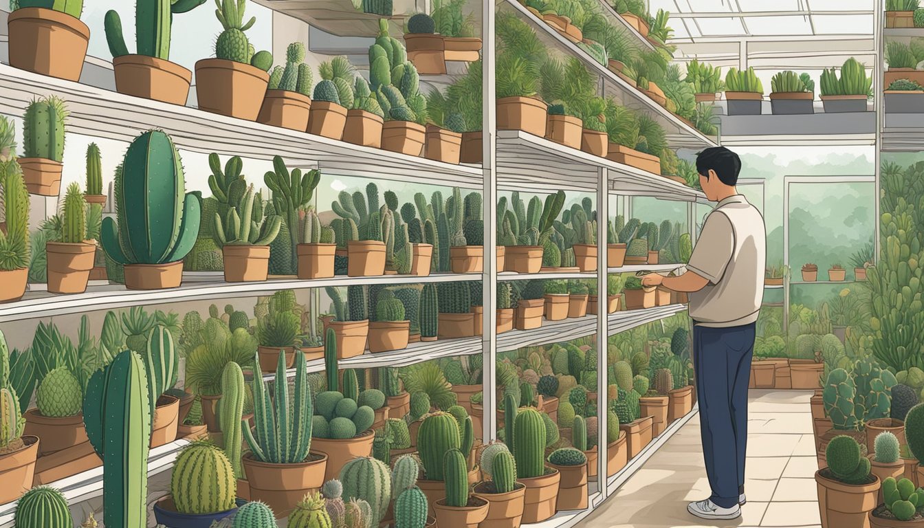 A customer carefully inspects various cacti at a plant nursery in Singapore, seeking the perfect one for their space. Rows of vibrant green and prickly cacti line the shelves, creating a visually interesting and inviting display