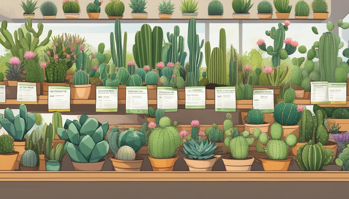 A display of various cactus species at a plant nursery in Singapore, with signs indicating prices and care instructions