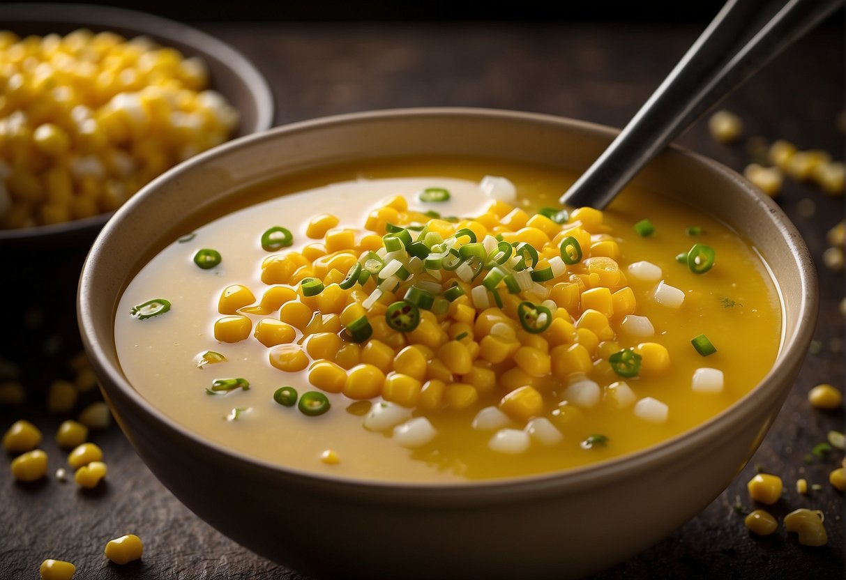 A steaming bowl of sweet corn soup with floating corn kernels, garnished with chopped green onions and a drizzle of sesame oil