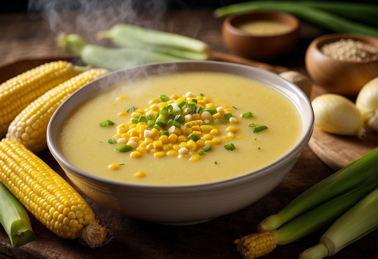 A steaming pot of sweet corn soup on a wooden table, surrounded by fresh corn cobs, green onions, and a sprinkle of pepper