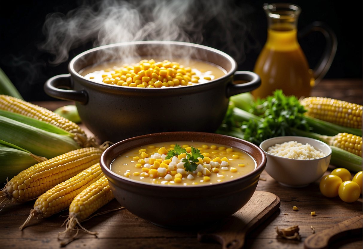 A steaming pot of sweet corn soup surrounded by fresh corn, ginger, scallions, and a bowl of cornstarch slurry