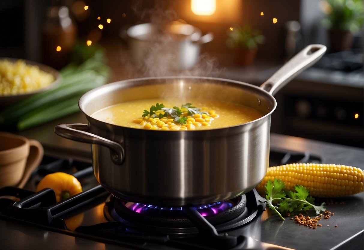 A pot simmers on a stovetop, filled with a creamy yellow sweet corn soup. A chef adds in aromatic spices and herbs, stirring the fragrant mixture with a wooden spoon
