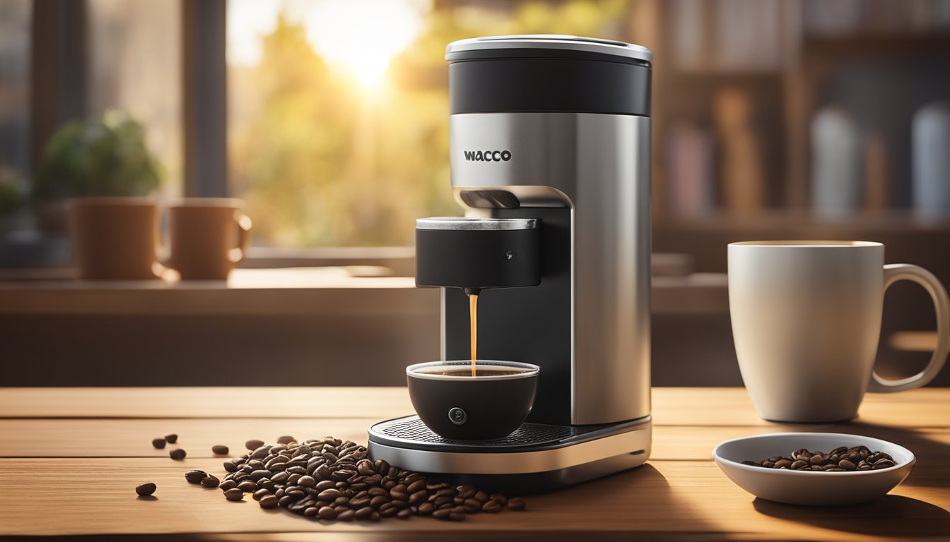 The Wacaco Nanopresso sits on a rustic wooden table, surrounded by scattered coffee beans and a steaming cup of espresso. Sunlight filters through a nearby window, casting a warm glow on the scene