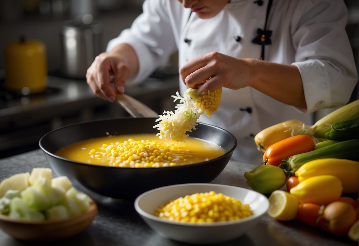 A chef adds final garnishes to a steaming bowl of sweet corn soup before serving