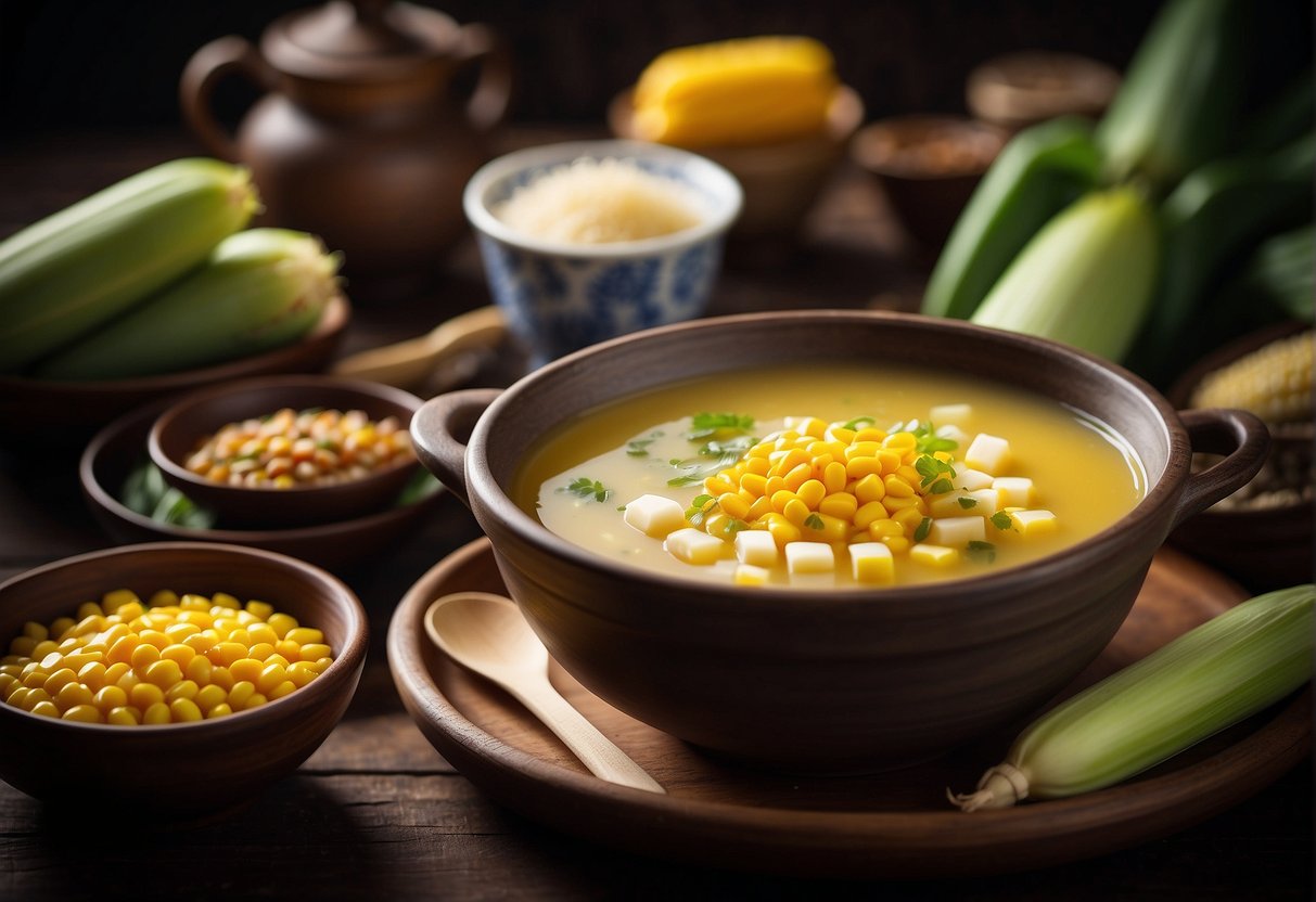 A steaming bowl of sweet corn soup surrounded by traditional Chinese ingredients and utensils