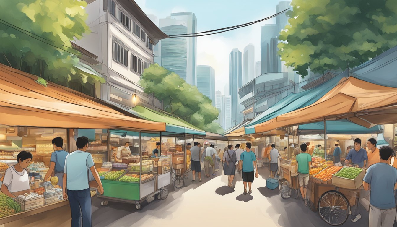 A bustling Singapore market with a prominent sign for "Wacaco Nanopresso" among various vendors and shoppers