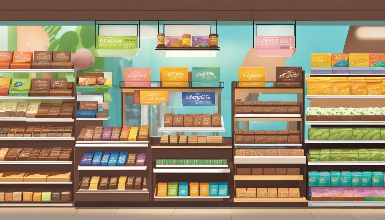 A bright, modern store display showcases a variety of vegan chocolate bars and truffles in Singapore. The shelves are neatly organized with colorful packaging, and a sign highlights the store's commitment to plant-based treats