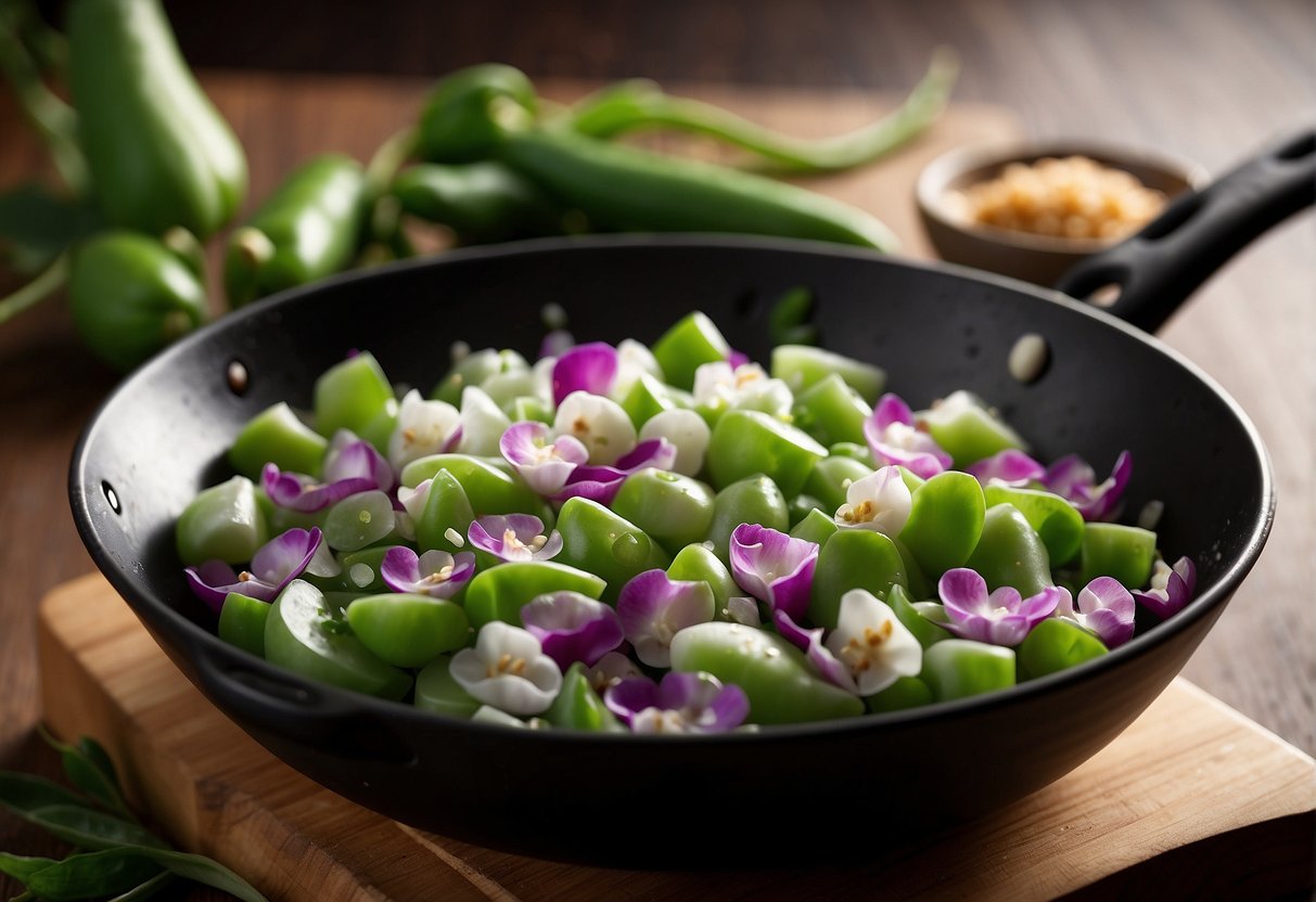 Sweet peas sizzle in a wok with garlic, ginger, and soy sauce. A sprinkle of sugar adds a touch of sweetness to the savory dish