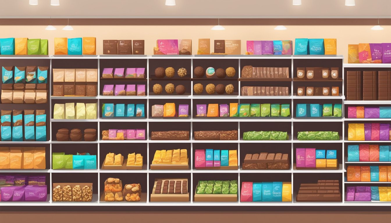 A colorful display of various vegan chocolate bars and truffles on shelves in a modern, bright store in Singapore. Labels clearly state "vegan" and "dairy-free."